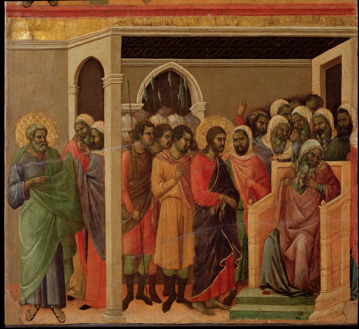 Ježíš před Kaifášem. Oltářní obraz Maesta (tempera a zlato na dřevě od Duccio di Buoninsegna