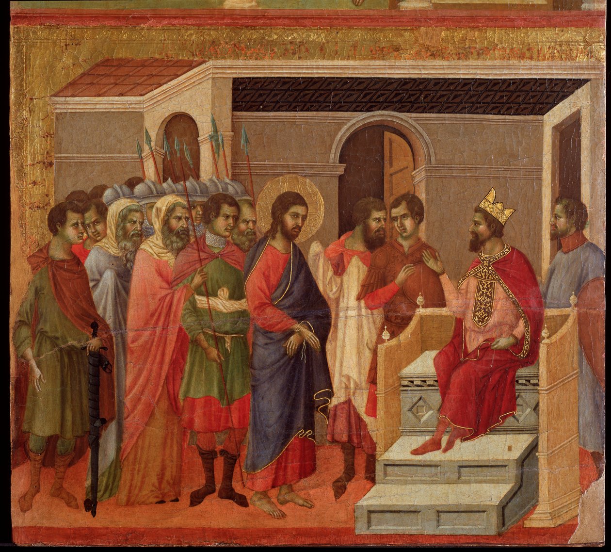 Ježíš před Herodem. Oltářní obraz Maesta (tempera a zlato na dřevě od Duccio di Buoninsegna