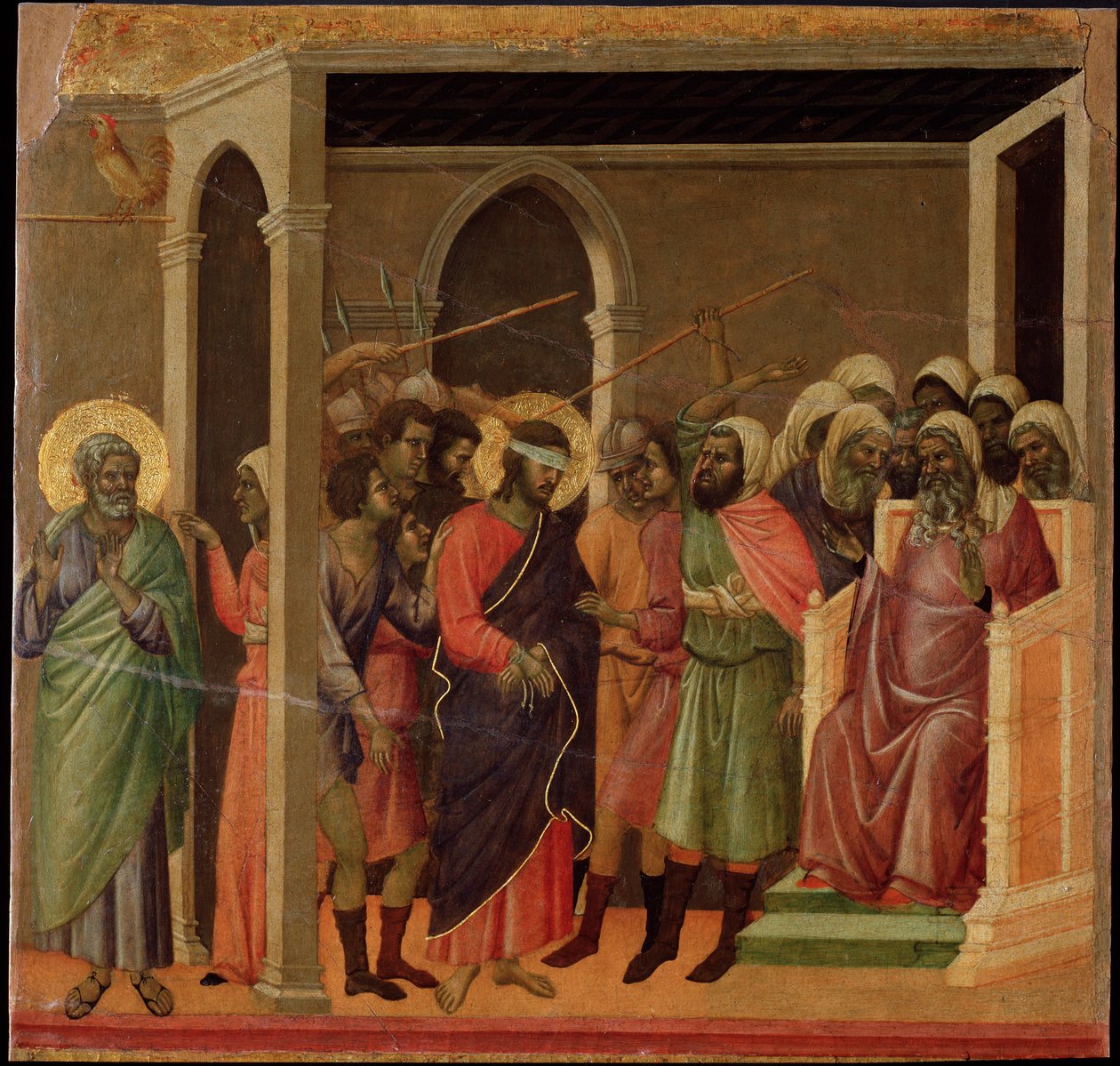 Ježíš pohrdl. Oltářní obraz Maesta (tempera a zlato na dřevě od Duccio di Buoninsegna