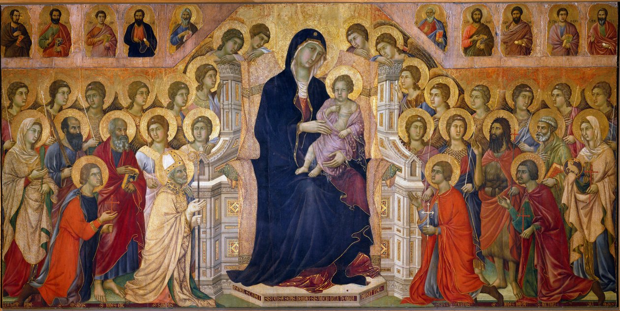 Maesta Madonna nechává dítě na trůnu uctívat svatými a anděly. Centrální panel. Freska od Duccio di Buoninsegna (1255-1319) od Duccio di Buoninsegna