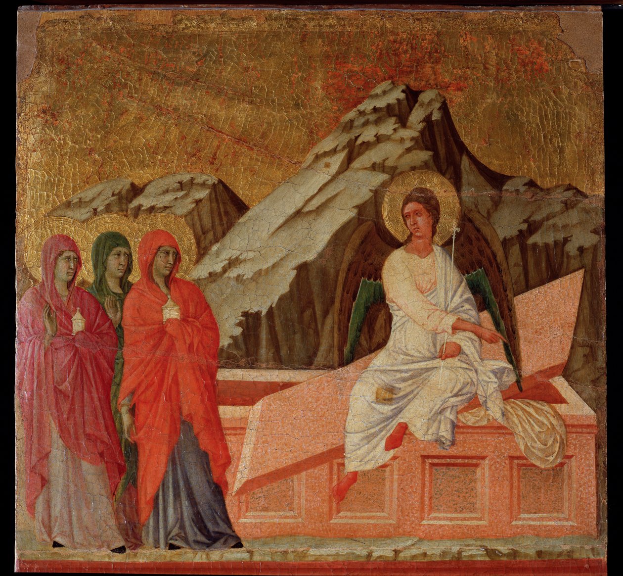 Vášeň: Marie u hrobu. Oltářní obraz Maesta (tempera a zlato na dřevě od Duccio di Buoninsegna