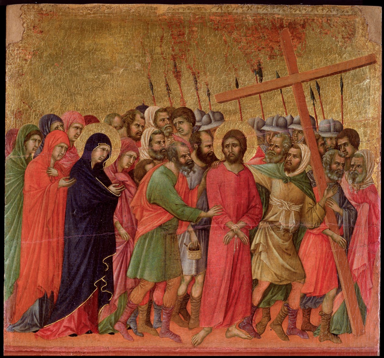 Vášeň: výstup na Kalvárii. Oltářní obraz Maesta (tempera a zlato na dřevě od Duccio di Buoninsegna