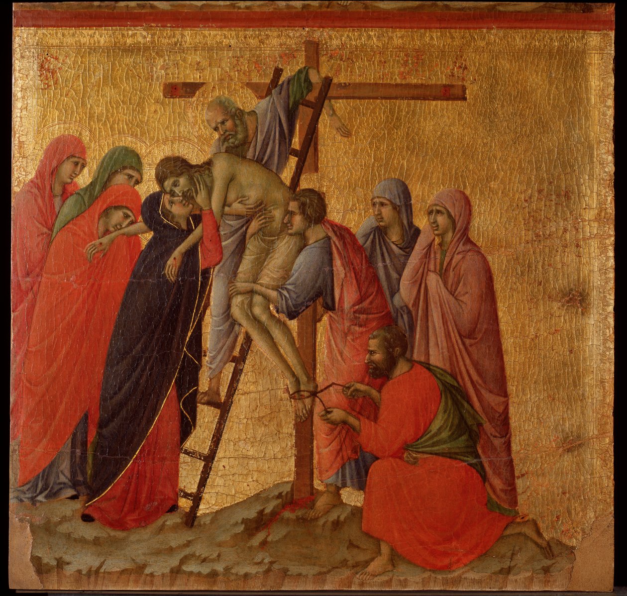 Vášeň: depozice. Oltářní obraz Maesta (tempera a zlato na dřevě od Duccio di Buoninsegna