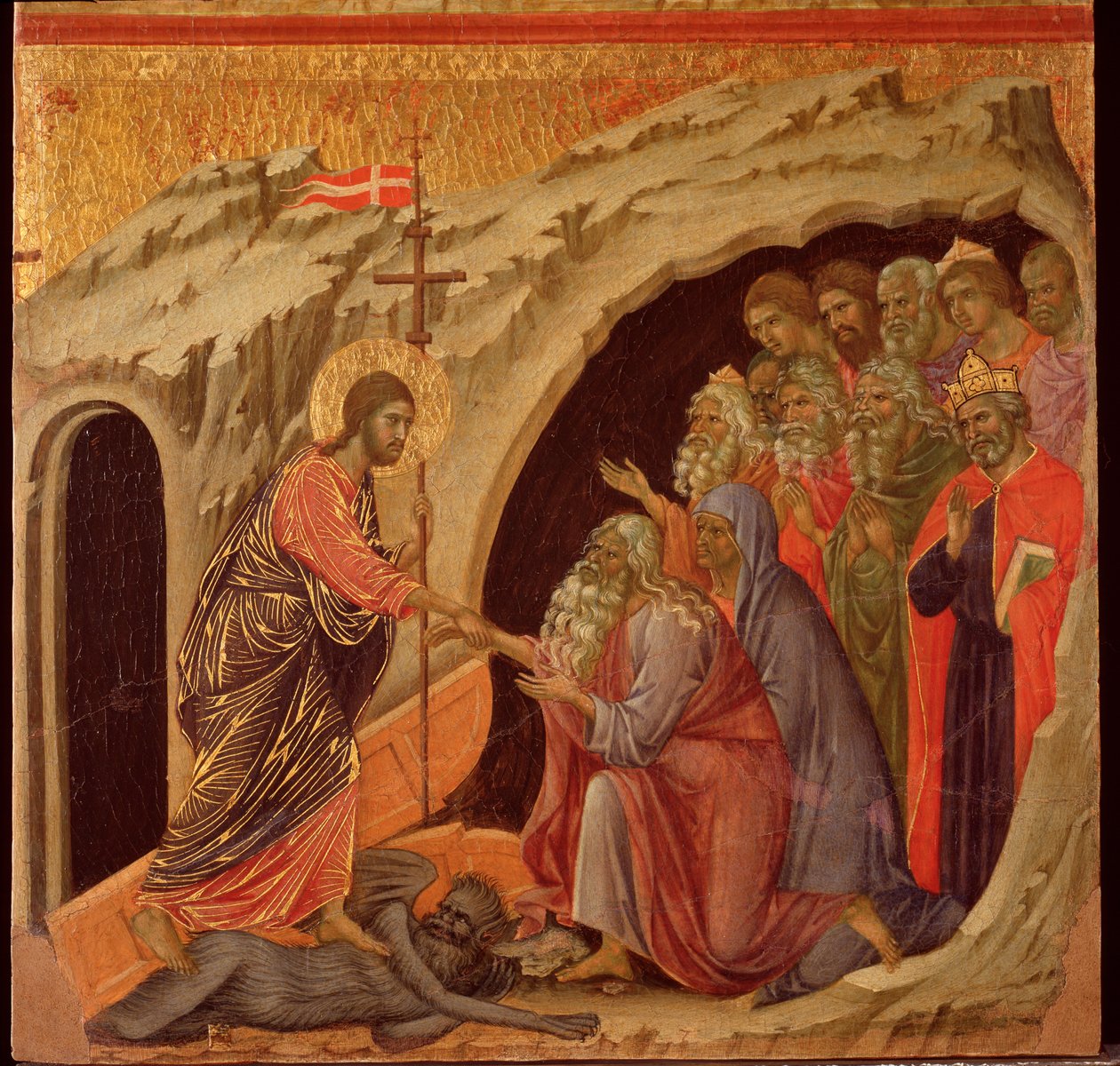 Vášeň: sestup do limba. Oltářní obraz Maesta (tempera a zlato na dřevě od Duccio di Buoninsegna