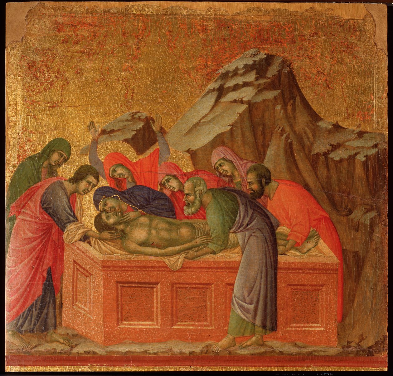 Vášeň: hrob. Oltářní obraz Maesta (tempera a zlato na dřevě od Duccio di Buoninsegna