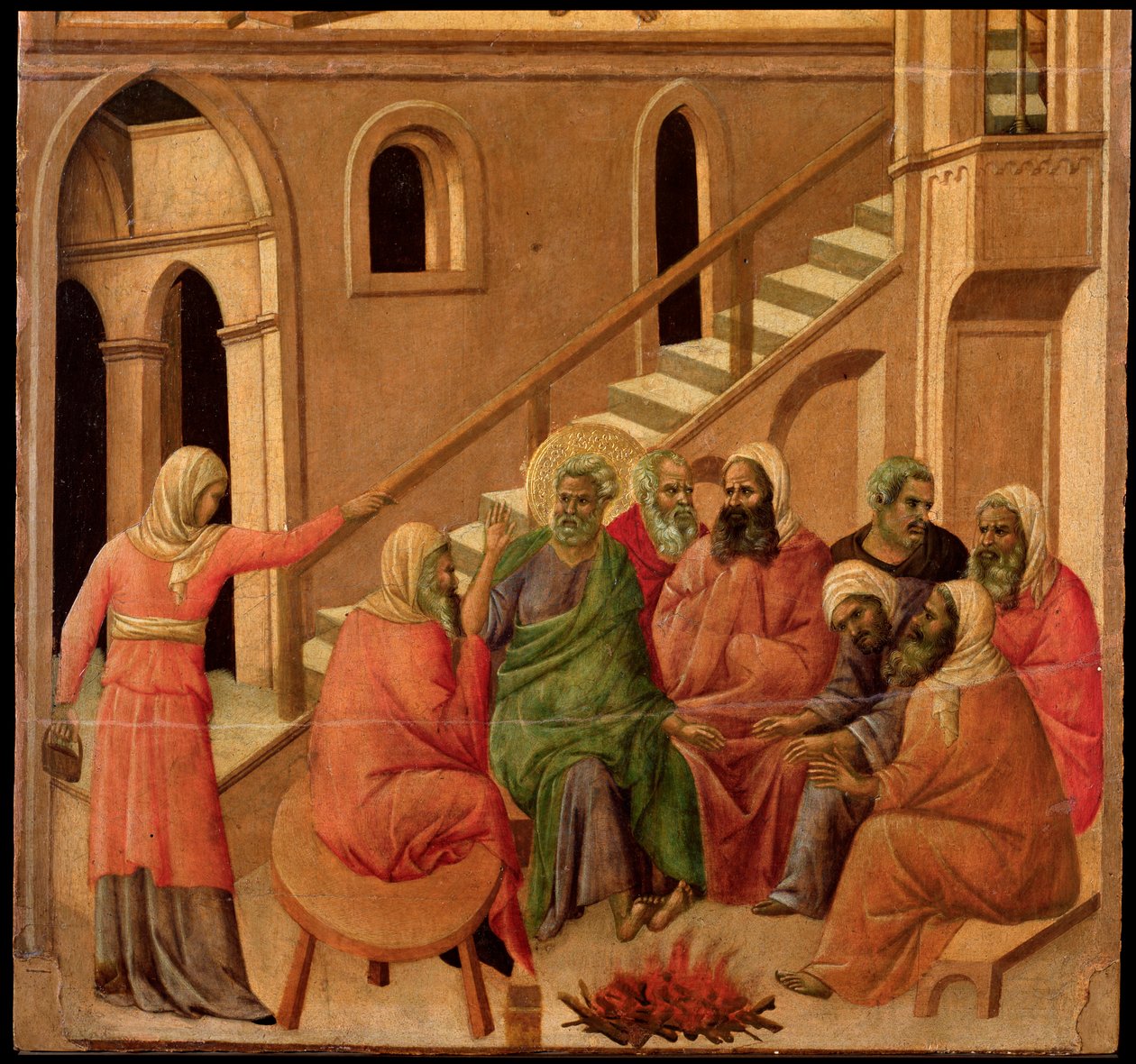 Petrovo popření. Oltářní obraz Maesta (tempera a zlato na dřevě od Duccio di Buoninsegna