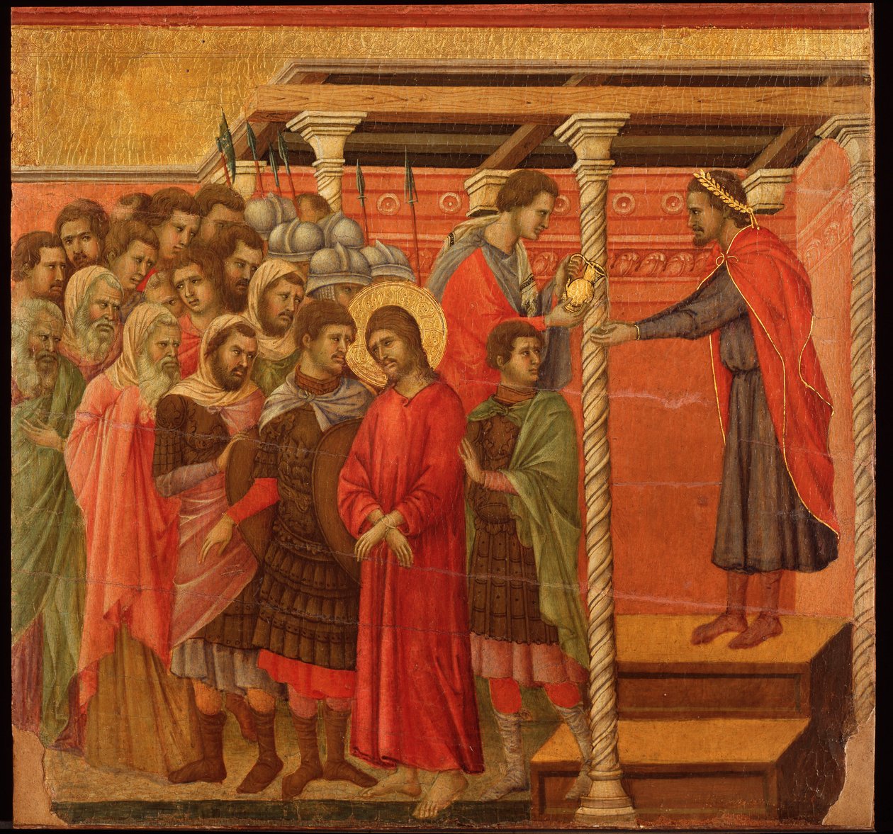 Pilát Pontský si myje ruce. Oltářní obraz Maesta (tempera a zlato na dřevě od Duccio di Buoninsegna