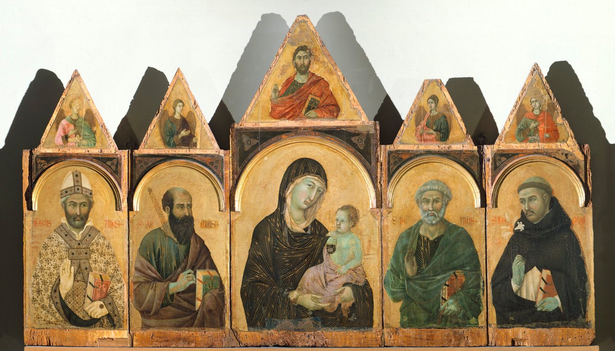 Svatá Panna s Ježíškem a svatými Augustinem, Pavlem, Petrem a Domenicem (nebo Polyptych č. 28), kolem roku 1305, od Duccio di Buoninsegna (asi 1255 - před rokem 1319), tempera a zlato na dřevě od Duccio di Buoninsegna