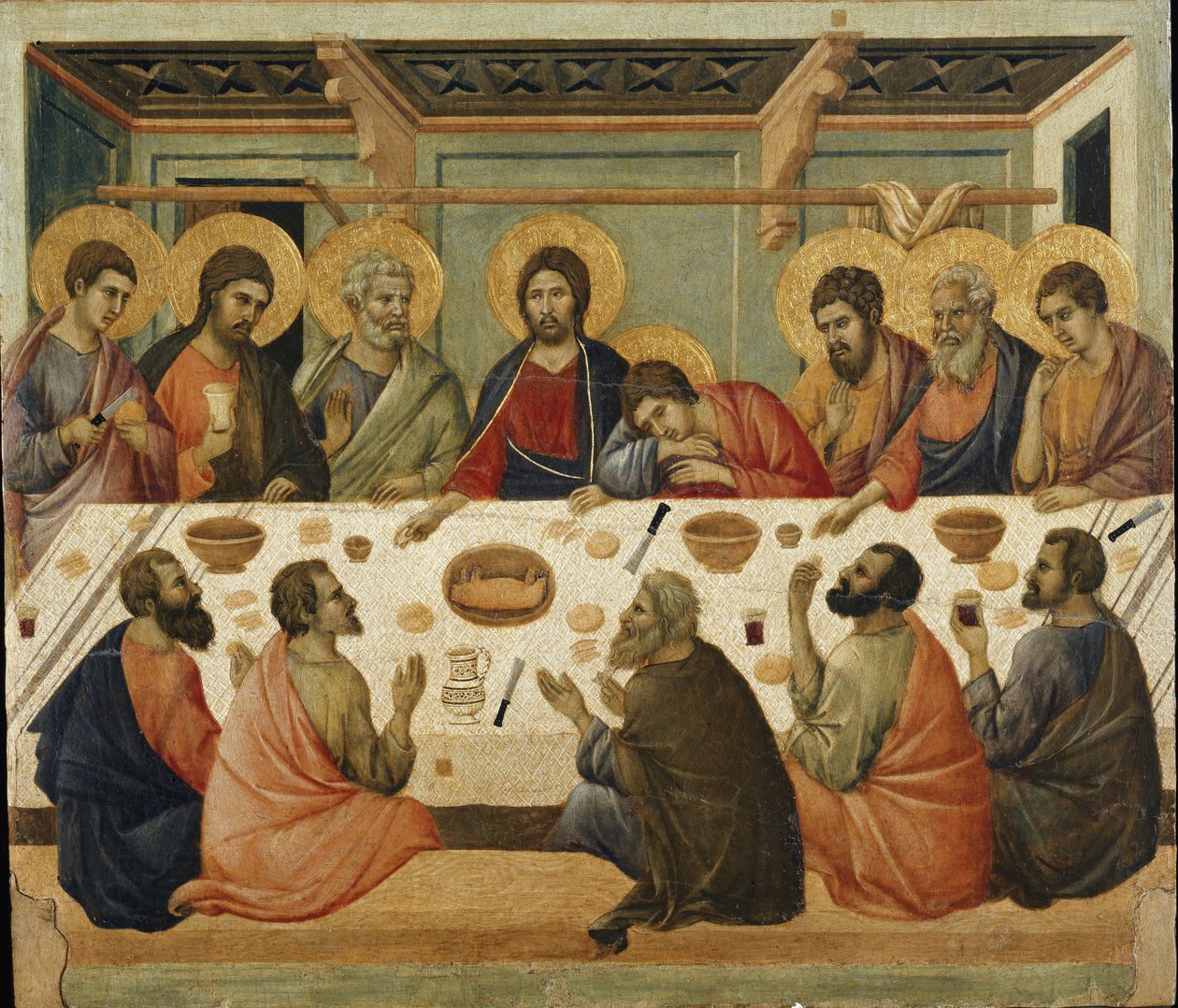 Večeře Páně. Zadní strana oltářního obrazu Maesta od Duccio di Buoninsegna