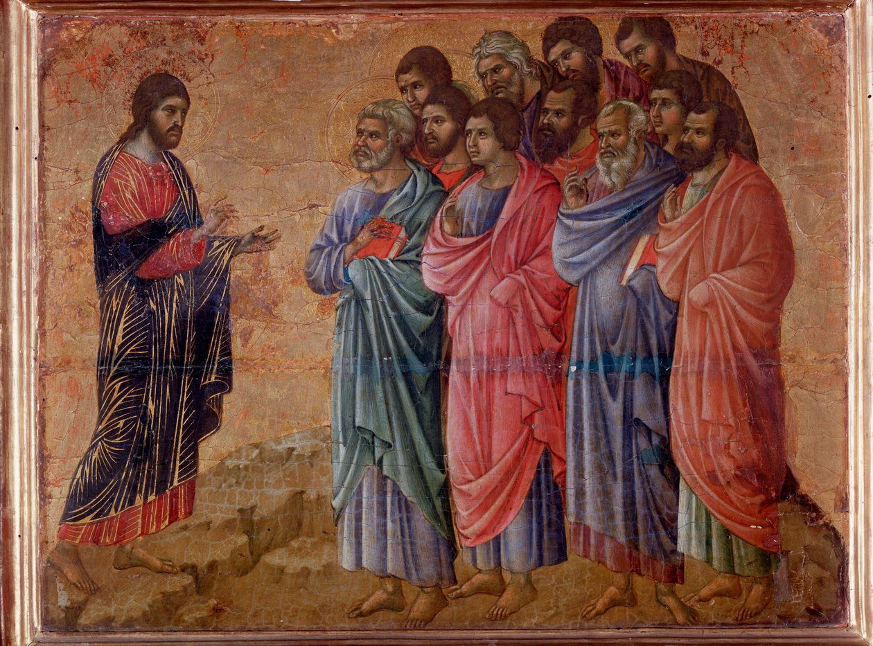 Zjevení se vzkříšeného Krista v galilejských horách. Oltářní obraz Maesta (tempera a zlato na dřevě od Duccio di Buoninsegna