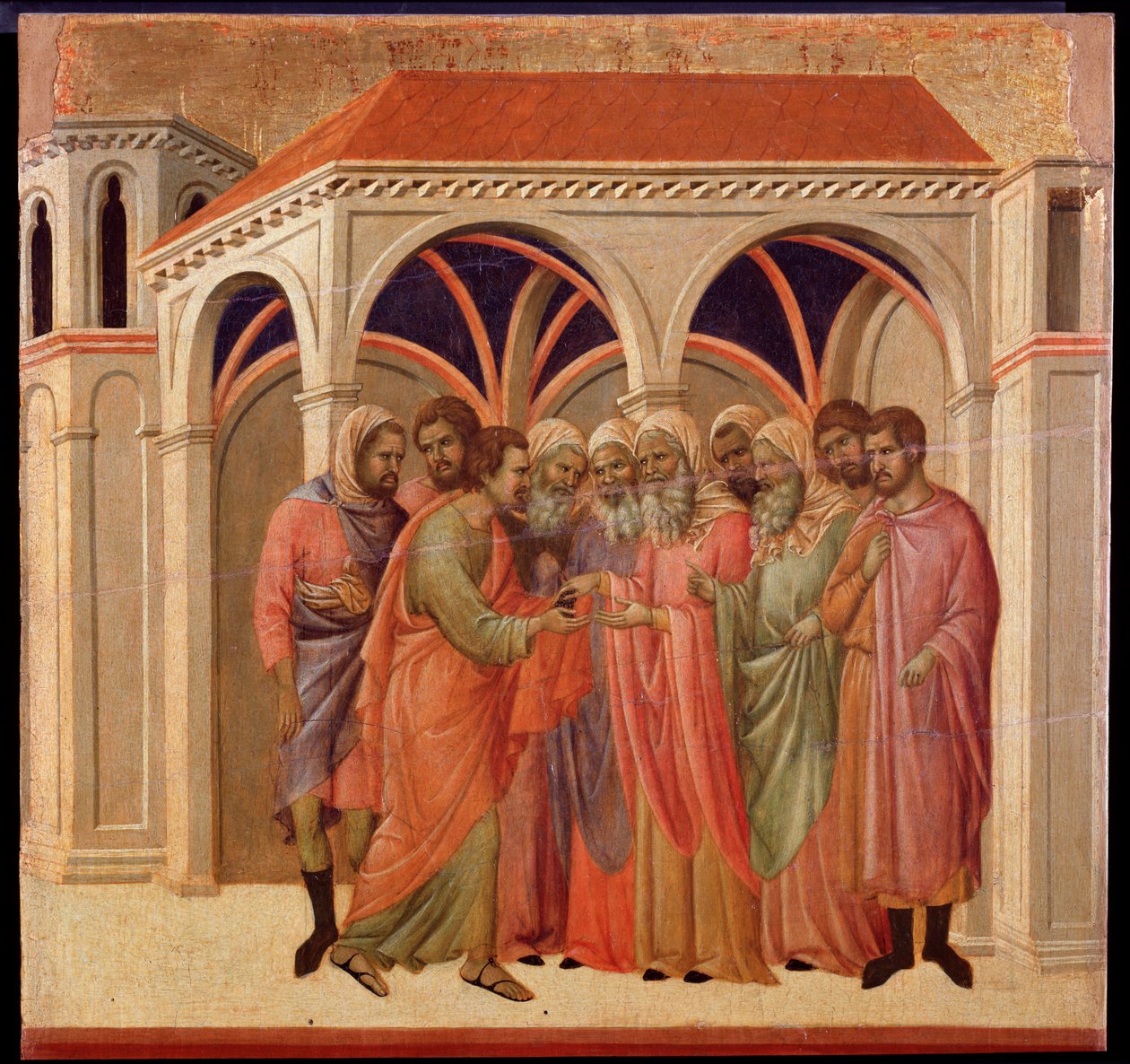 Jidášova zrada. Oltářní obraz Maesta (tempera a zlato na dřevě od Duccio di Buoninsegna
