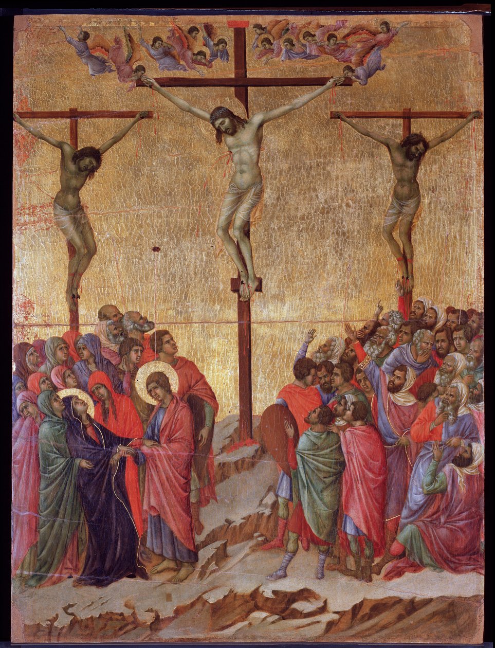 Ukřižování. Po stranách dobrý zloděj (Dismas) a nekajícný zloděj (Gestas). Oltářní obraz Maesta (tempera a zlato na dřevě od Duccio di Buoninsegna