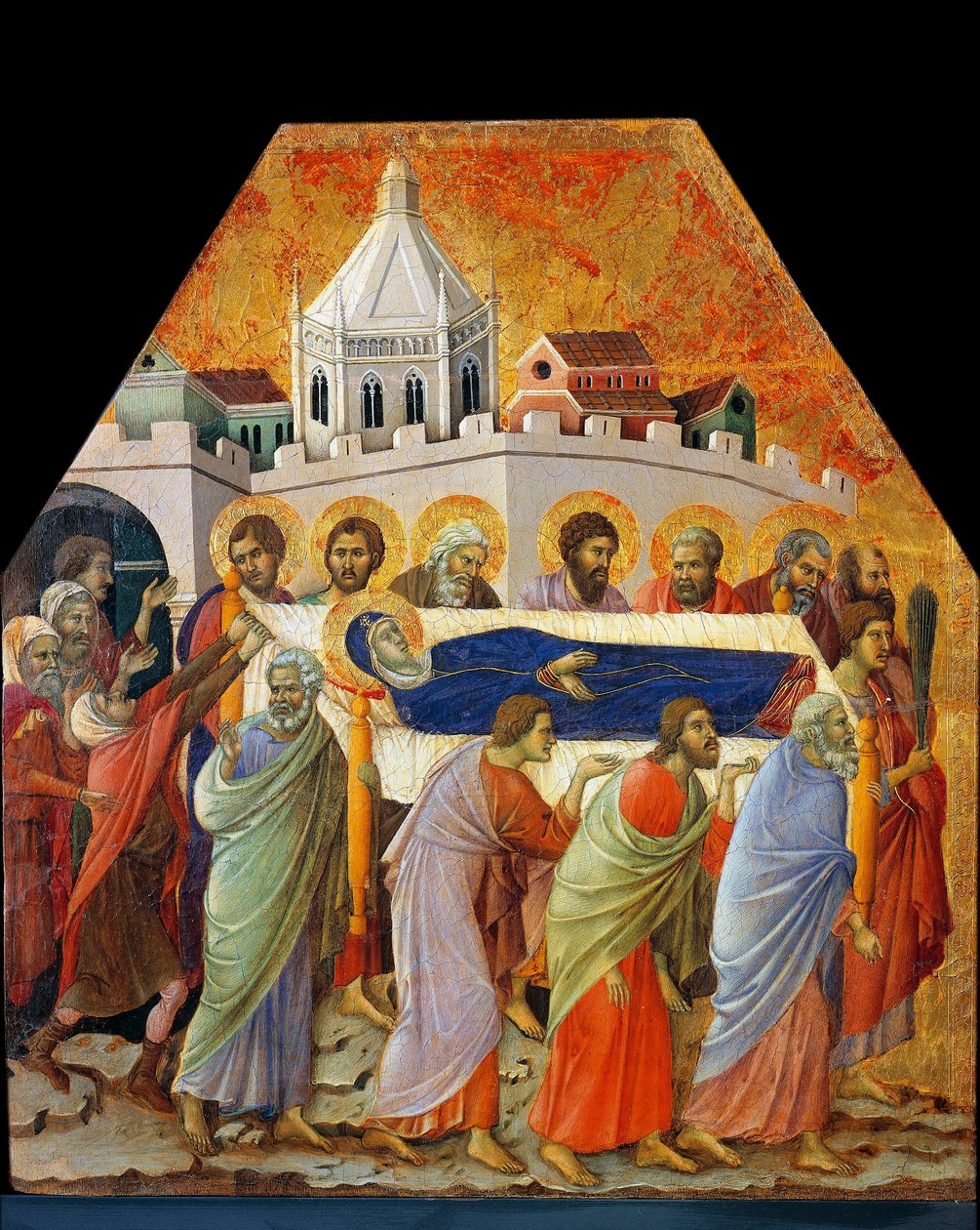 Pohřeb Panny Marie, svatého Jana s dlaní otevírá cestu (tempera na dřevě od Duccio di Buoninsegna