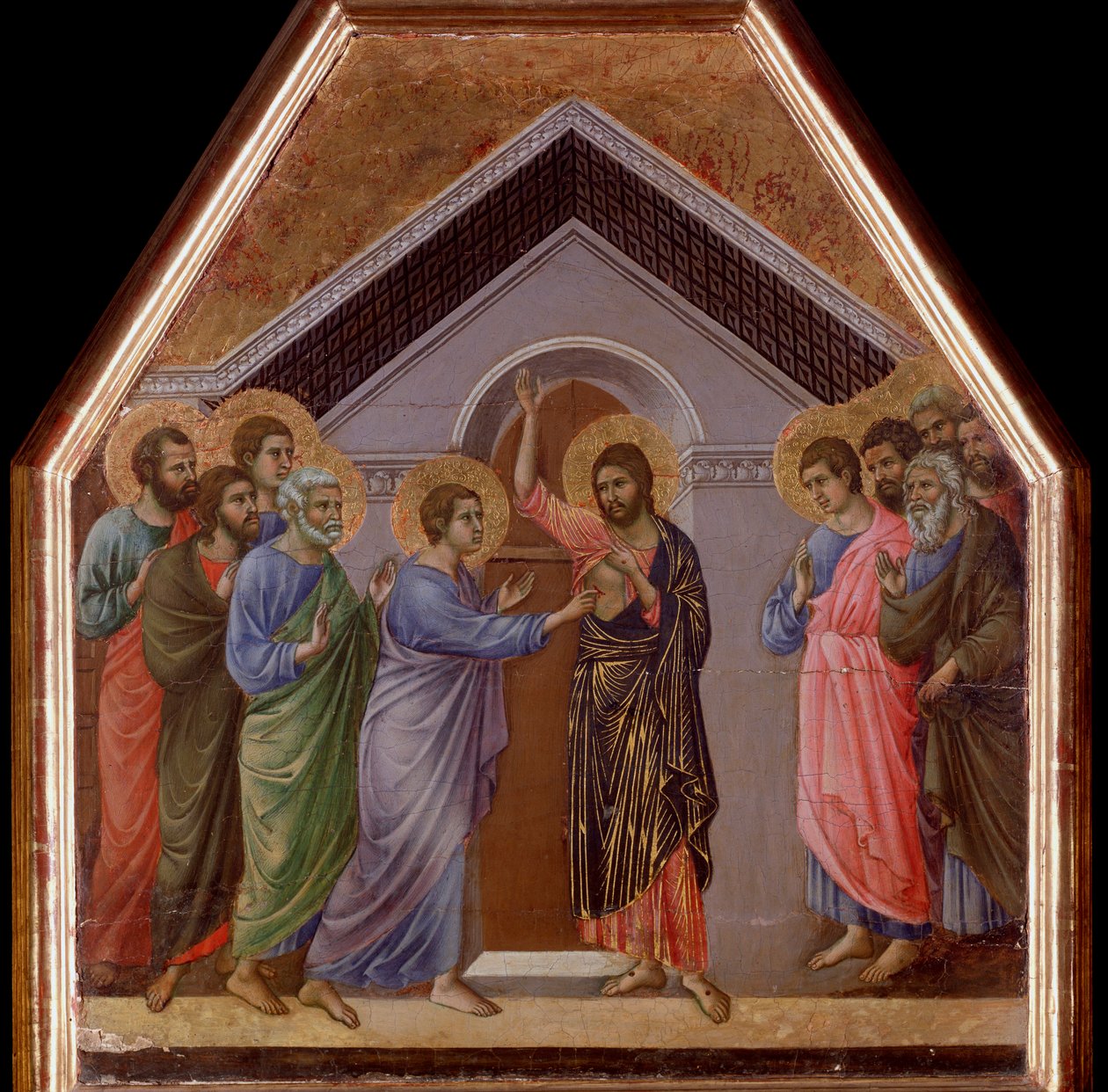 Nedůvěra svatého Tomáše. Oltářní obraz Maesta - (tempera a zlato na dřevě od Duccio di Buoninsegna