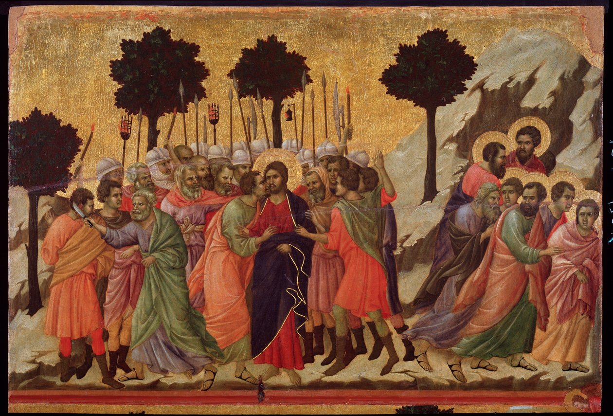 Jidášův polibek a zajetí Ježíše. Oltářní obraz Maesta (tempera na dřevě od Duccio di Buoninsegna