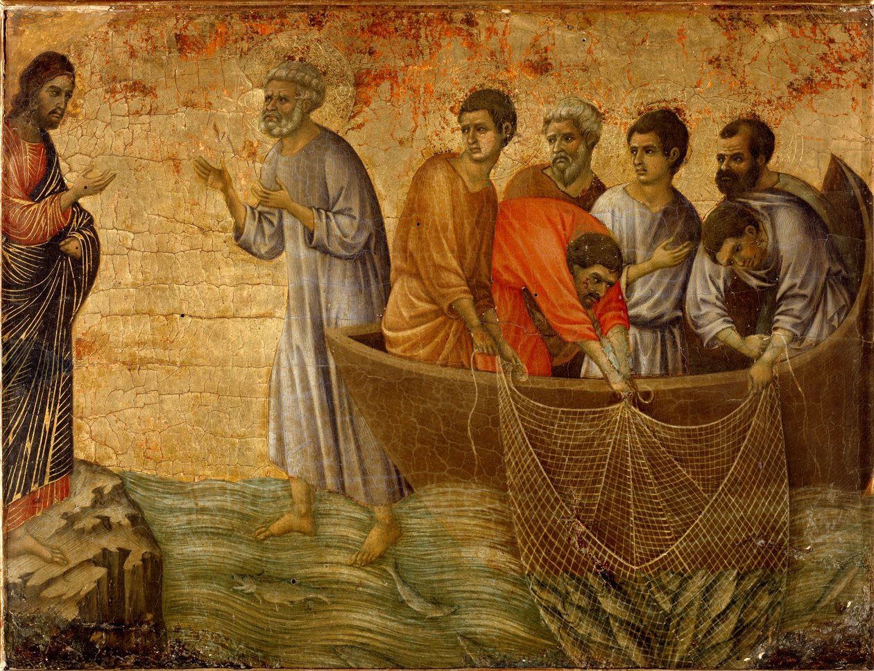 Druhý zázračný hřích: zjevení Krista apoštolům na Tiberiadském jezeře od Duccio di Buoninsegna