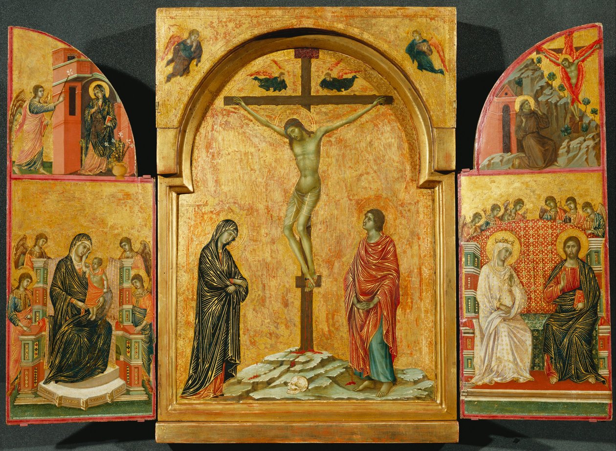 Triptych: Ukřižování a další výjevy od Duccio di Buoninsegna