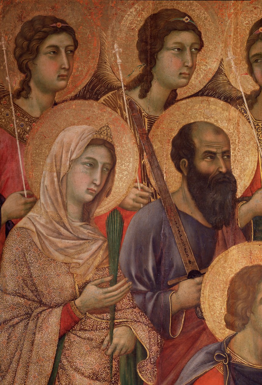 Panna a dítě na trůnu, detail se svatou Kateřinou Alexandrijskou a svatým Pavlem. (La Maesta) (tempera a zlato na dřevě od Duccio di Buoninsegna