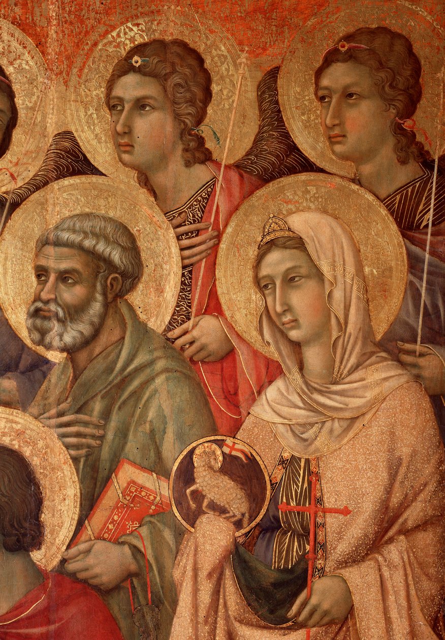 Panna a dítě na trůnu, detail se svatým Petrem a svatou Anežkou (La Maesta) (tempera a zlato na dřevě od Duccio di Buoninsegna
