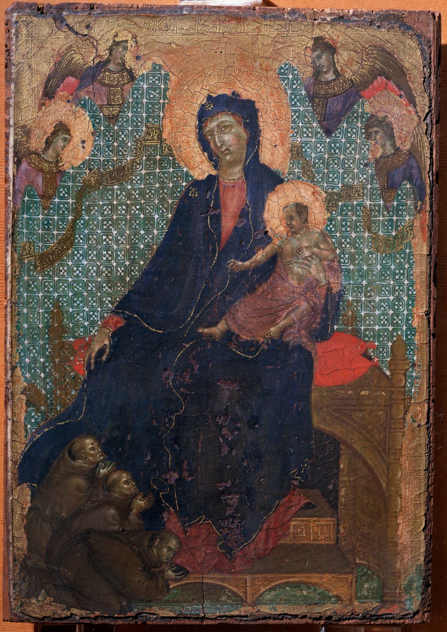Panna a dítě se třemi františkánskými mnichy (Malba od Duccio di Buoninsegna