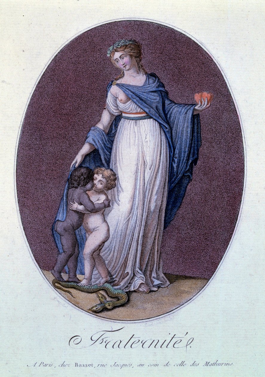 Francouzská revoluce “” Fraternite”” Alegorie proti otroctví Francie s dětmi různých barev, které se navzájem líbají. Tisky R. Duchemina (18. nebo 19. století) Paříž, Musee Carnavalet od Duchemin Duchemin