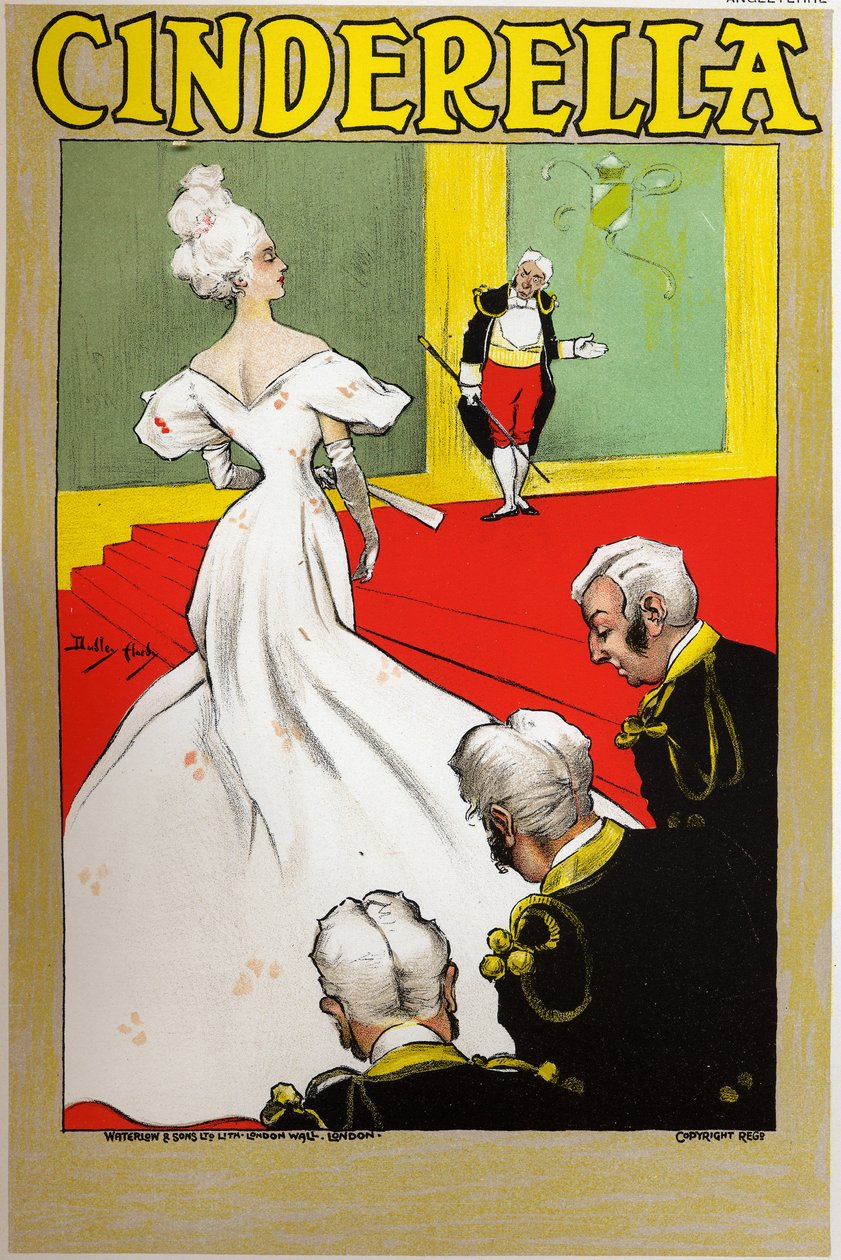 Literatura. Pohádky. Popelka. Plakát Dudleyho Hardyho pro výstavu v Londýně, Anglie, kolem roku 1890 (plakát) od Dudley Hardy