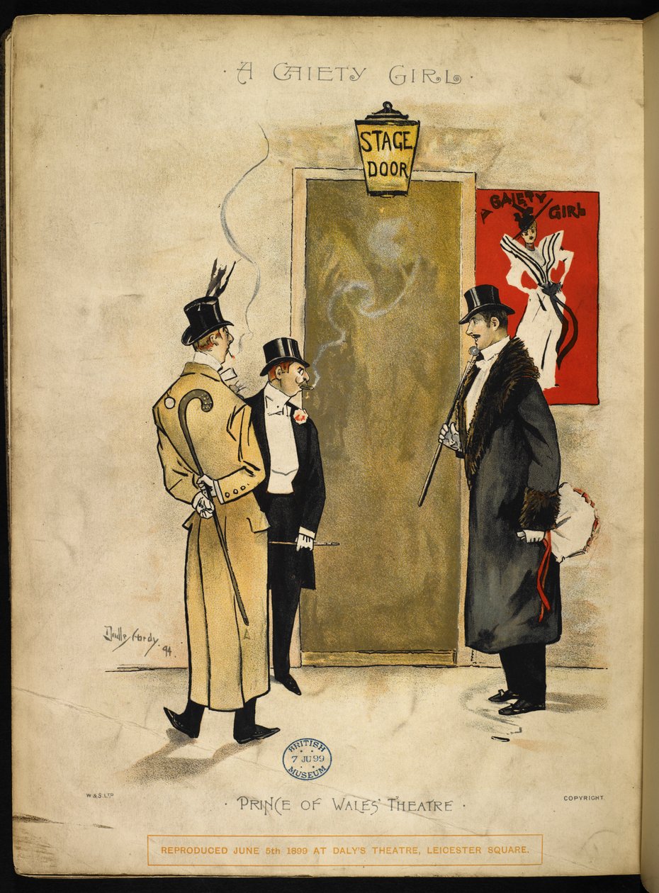 Tři džentlmeni čekající za dveřmi jeviště, až se objeví dívky Gaiety. od Dudley Hardy