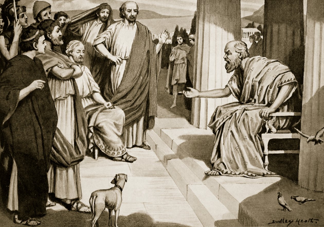 Sokrates promlouvá k Athéňanům, ilustrace z Hutchinsonových Dějin národů, 1915. od Dudley Heath