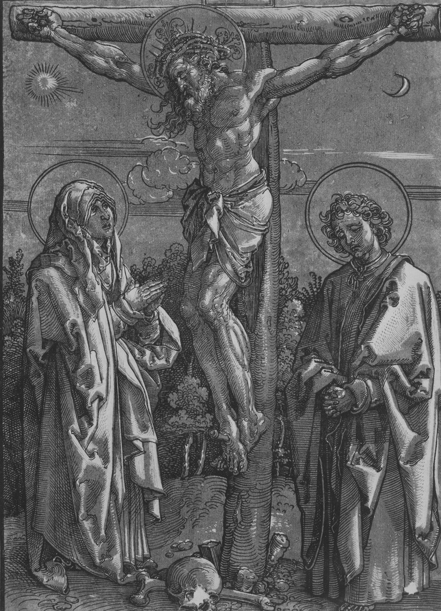 Kristus na kříži s Pannou Marií a svatým Janem, 1500-1550. od Dürer School.