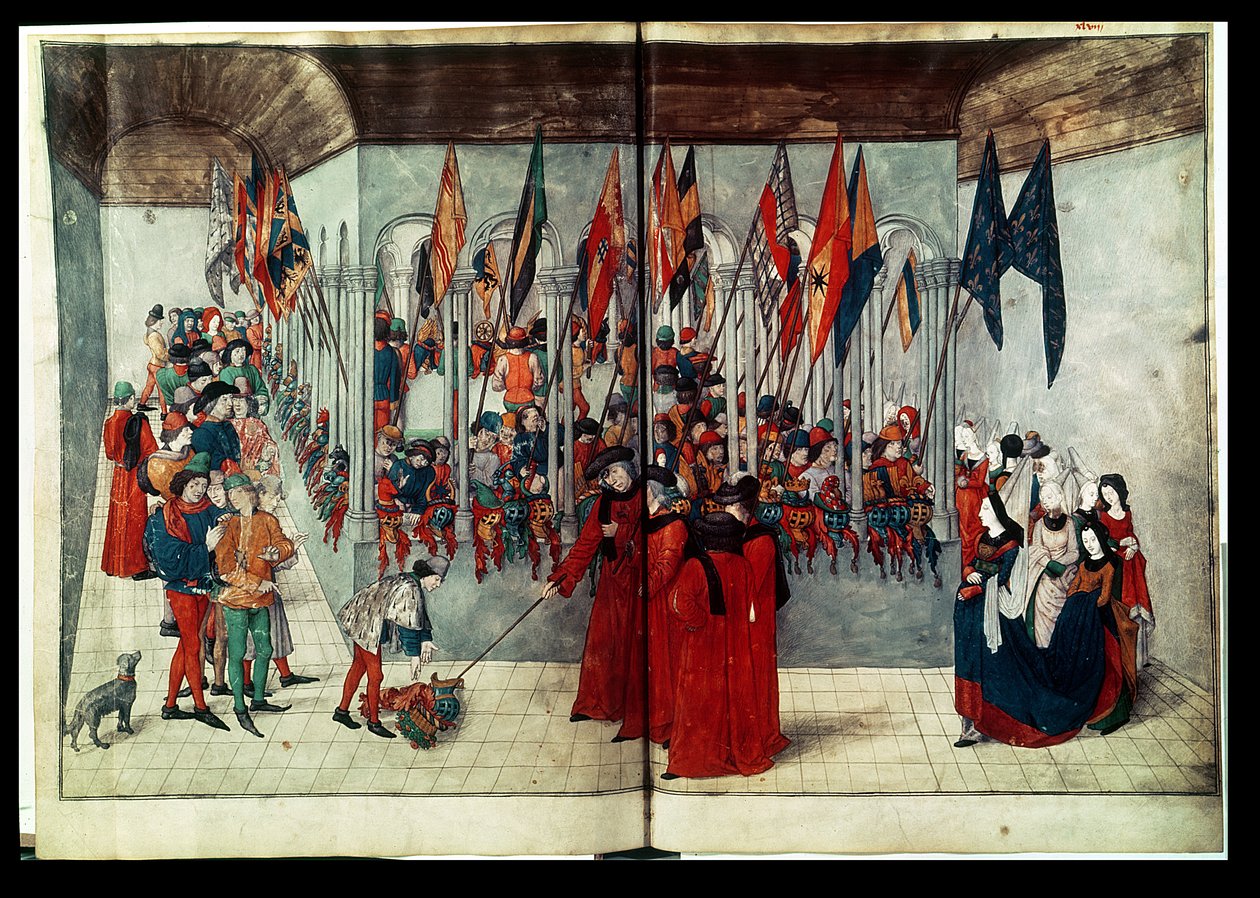 54998 bis Ms. fr. 2692 fol.47v-48r Přípravy na turnaj, z traktátu od Duke of Anjou and King of Naples Rene or Renatus I