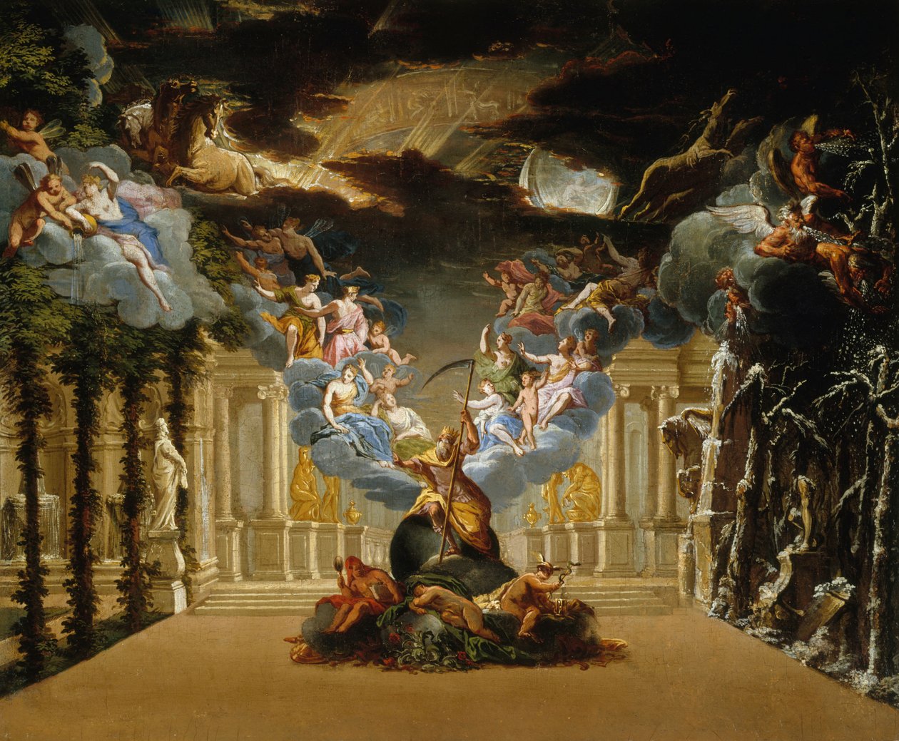 Scénický návrh k Prologu Tragédie lyrique Atys Jean-Baptiste Lully, c. 1708. od Duplessis
