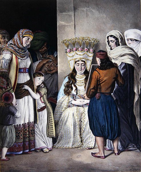 Řecká ortodoxní svatba v Aténách (kolem roku 1825) (barevné lito) od Dupre Dupre