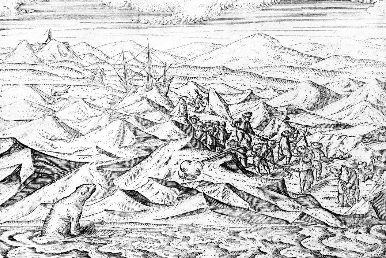 Uvolnění cesty pro loď vázanou na led, ilustrace z „Tři cesty Williama Barentse do arktických oblastí“, publikované kolem roku 1600 od Dutch School