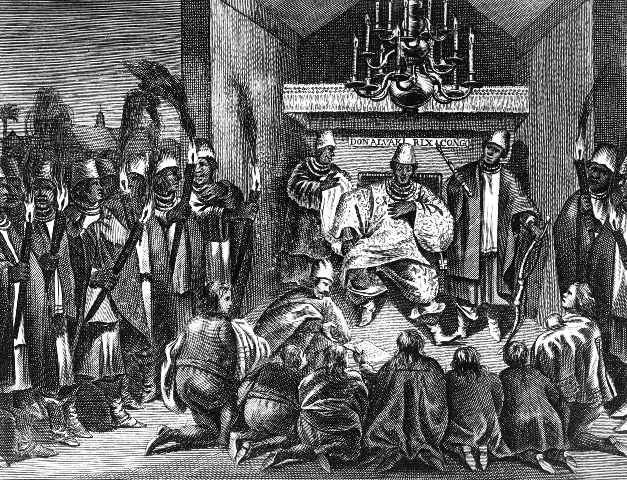 Král Alvaro I. z Konga přijímá holandské velvyslance, ilustrace z „Popisu Afriky“ od Olferta Dappera, vydaného v roce 1668 od Dutch School