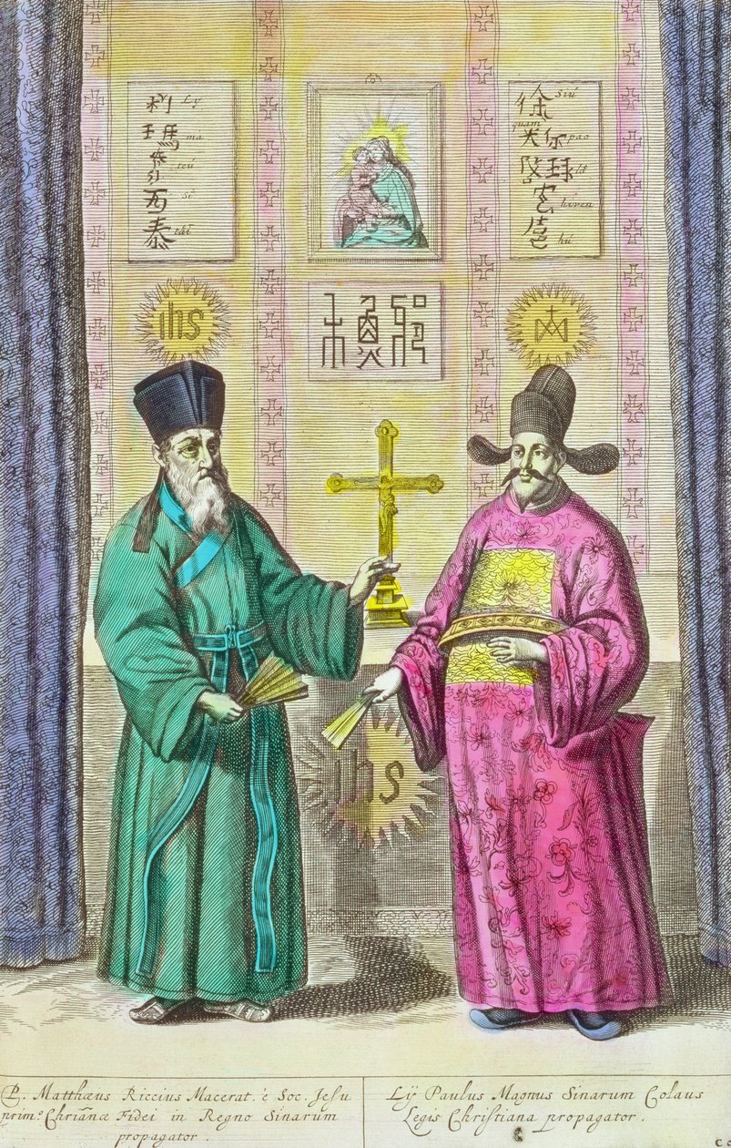 Matteo Ricci (1552-1610) a další křesťanský misionář v Číně, z knihy "China Illustrated" od Athanasia Kirchera (1601-80) 1667 (pozdější kolorování) od Dutch School