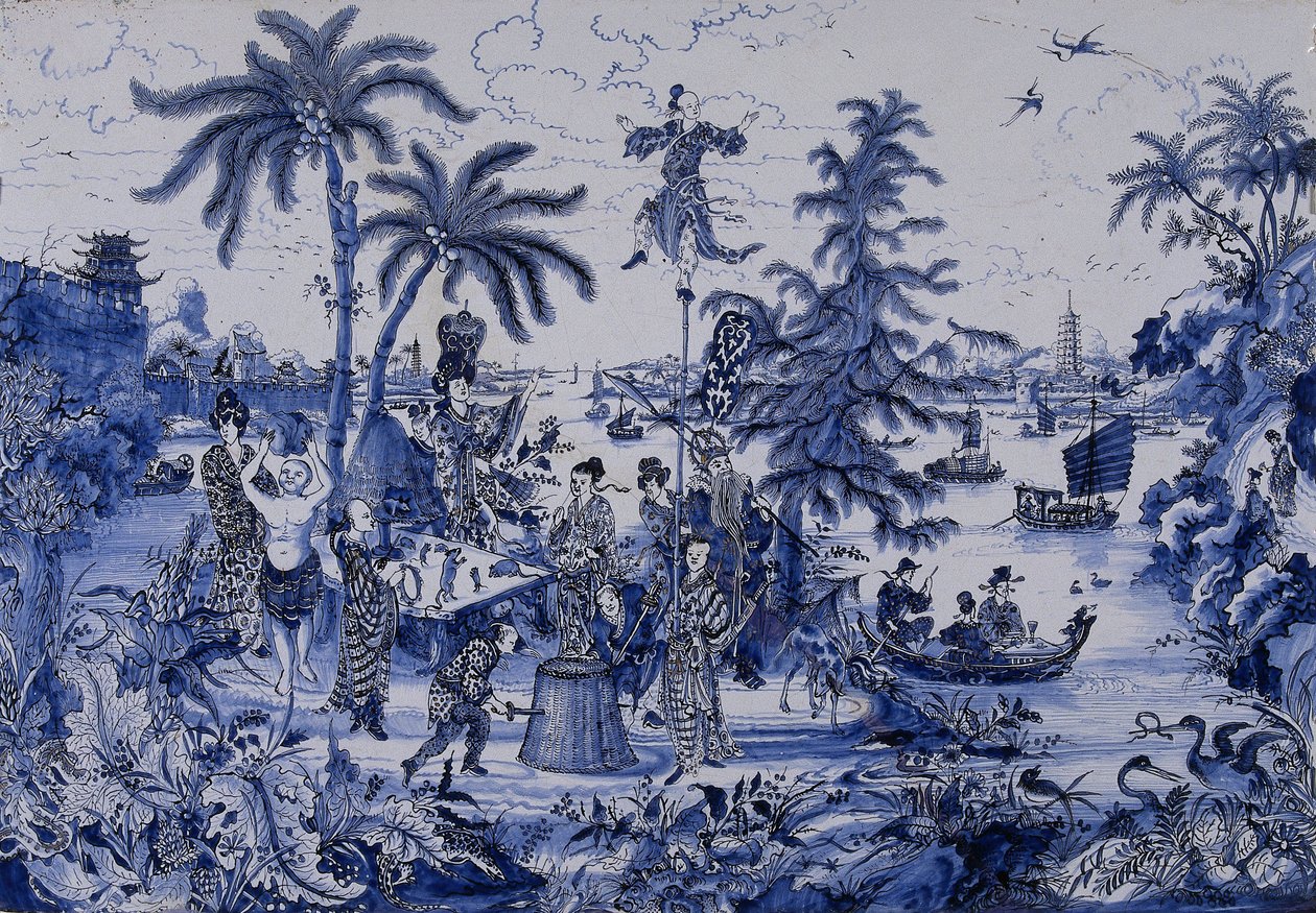 Plaketa s krajinou Chinoiserie a zlacenými detaily, kolem roku 1680 (fajáns) od Dutch School
