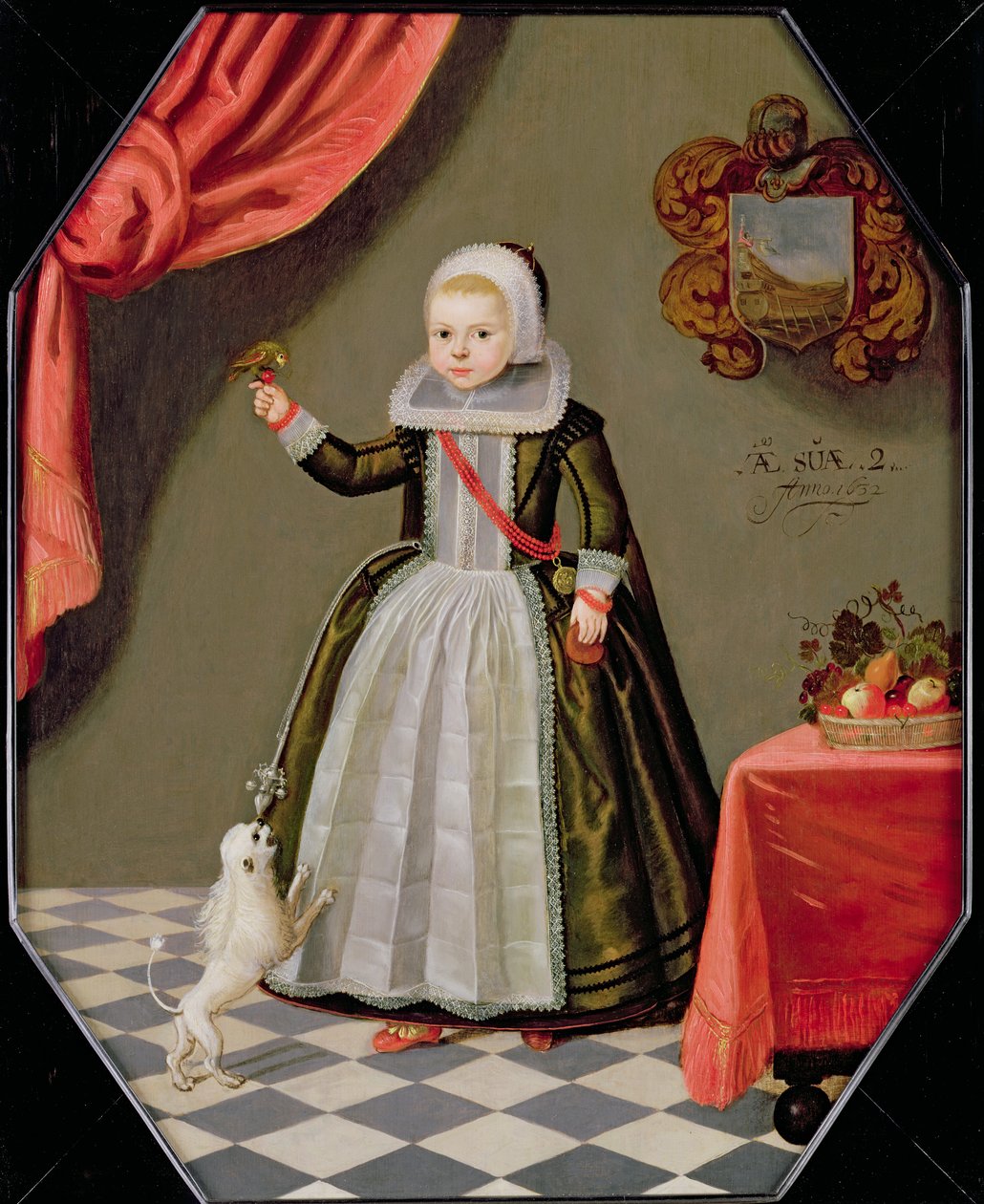 Portrét mladé dívky s ptákem na prstě a psem u nohou, 1632 od Dutch School