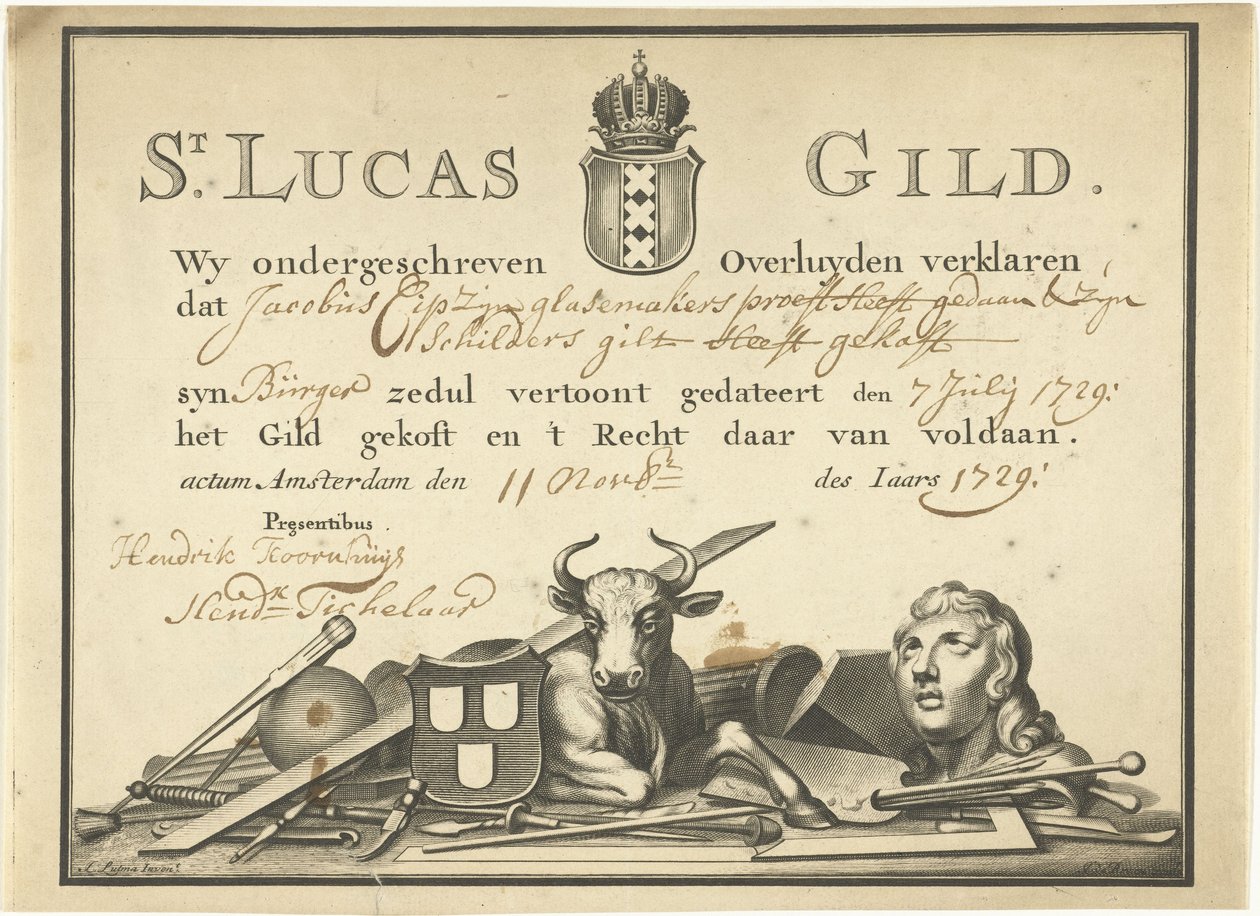 Účtenka od Cechu svatého Lukáše v Amsterdamu sklenáři Jamesi Cipovi, 1729 od Dutch School