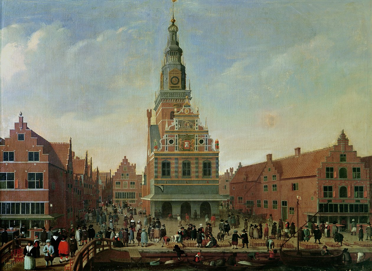 Pohled na váhu a sýrový trh v Alkmaaru od Dutch School