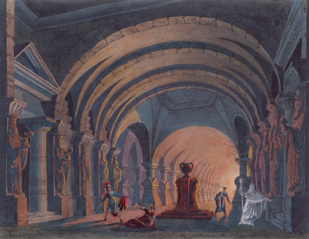 4. akt Semiramis od Rossiniho, vydaný v knize o scénografii v Amsterdamu v roce 1845 od Dutch School