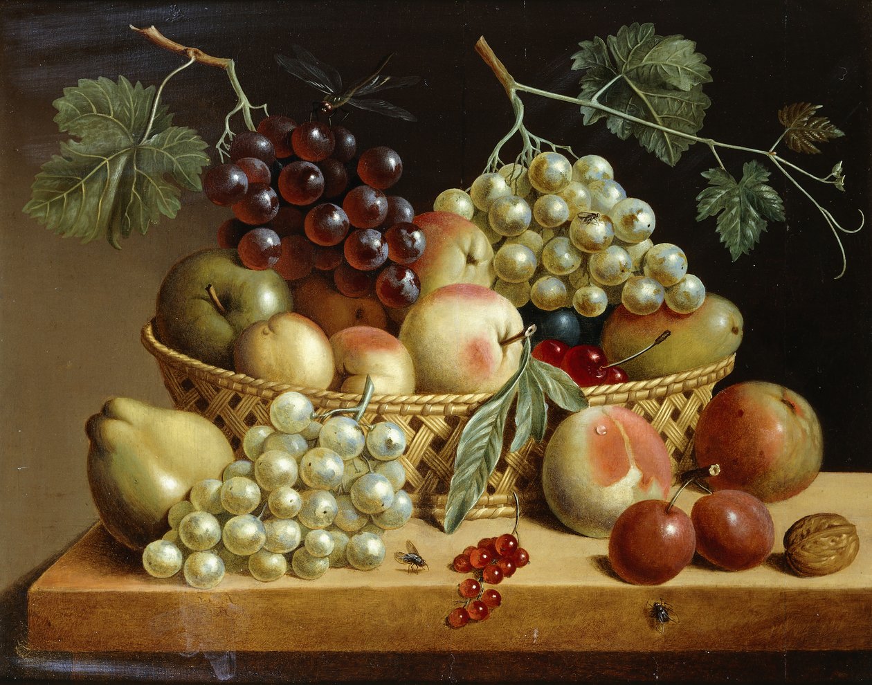 Koš hroznů, jablek, broskví a jiného ovoce na římse, 1833 od Dutch School