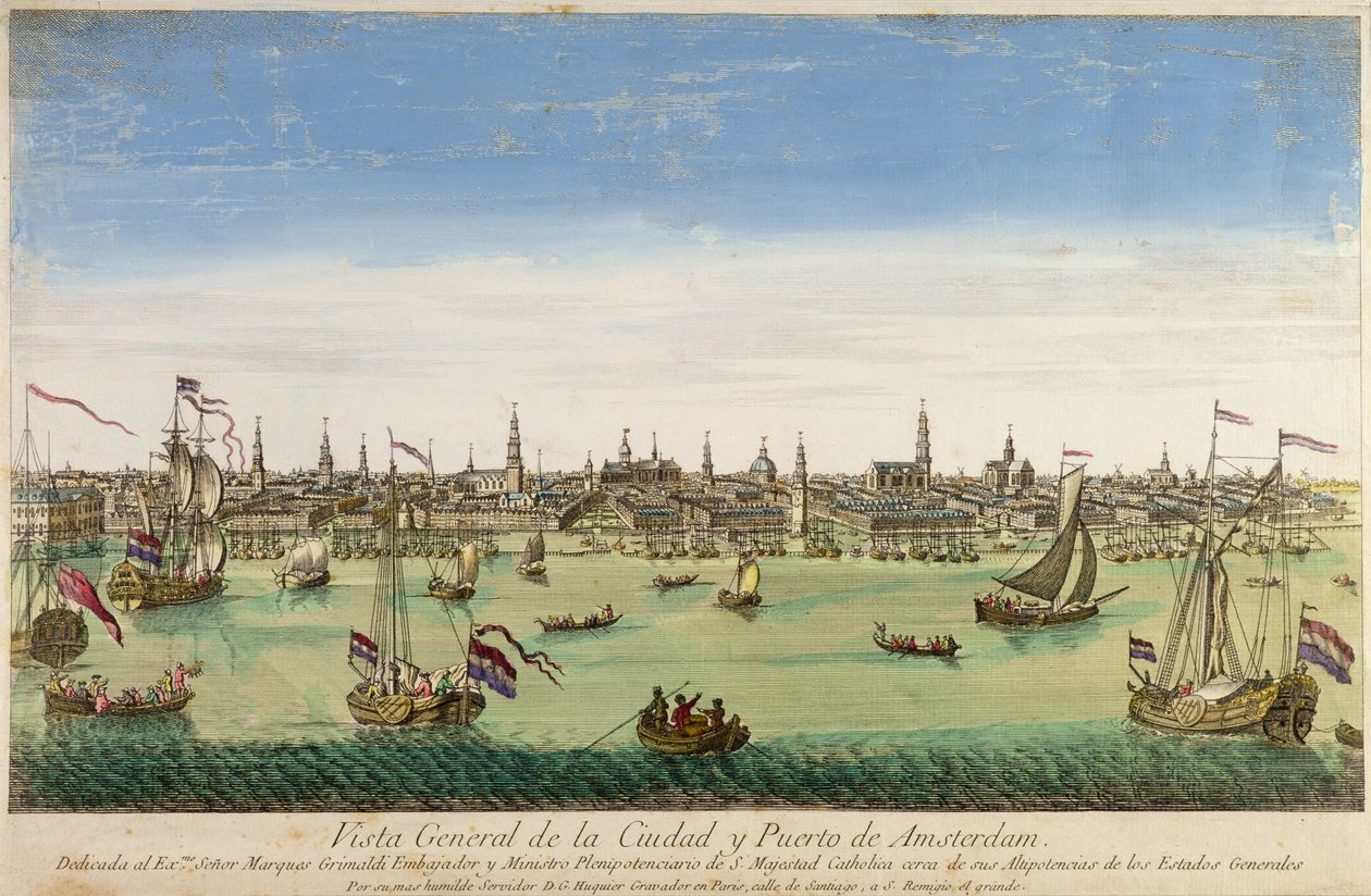 Celkový pohled na přístav a město Amsterdam, rytina D.G. Hucquier, 16. století od Dutch School