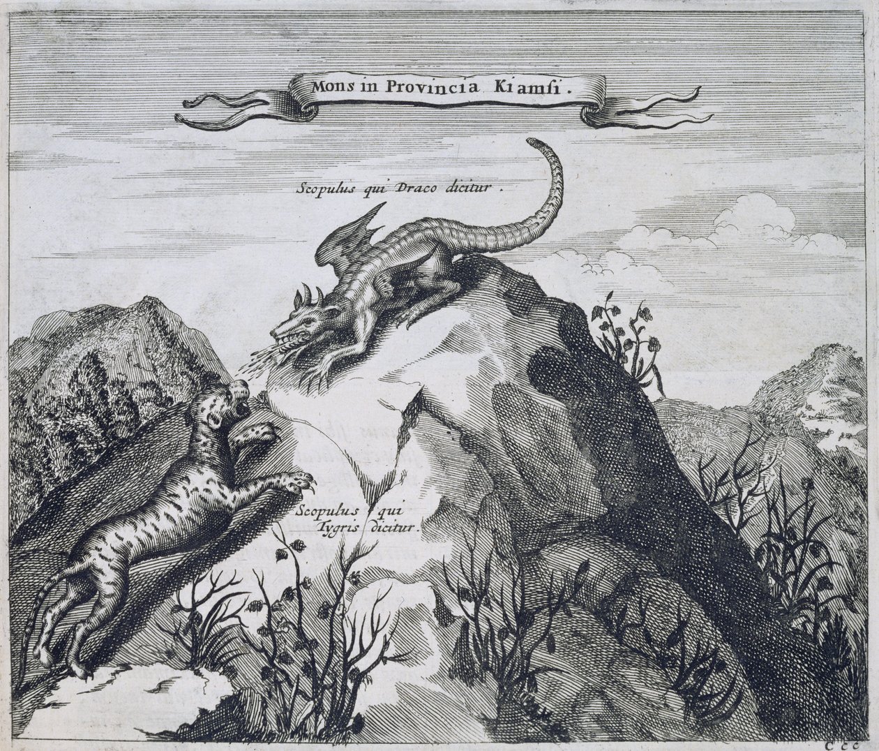 Hora v provincii Jiangxi s útesy známými jako drak a tygr, z Číny Ilustroval Athanasius Kircher (1601-80) 1667 od Dutch School