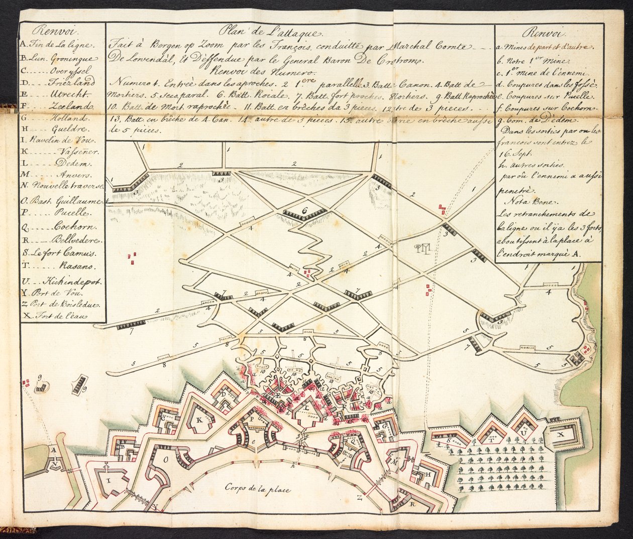 Barevný plán obléhání Bergen op Zoom (barevná rytina) od Dutch School