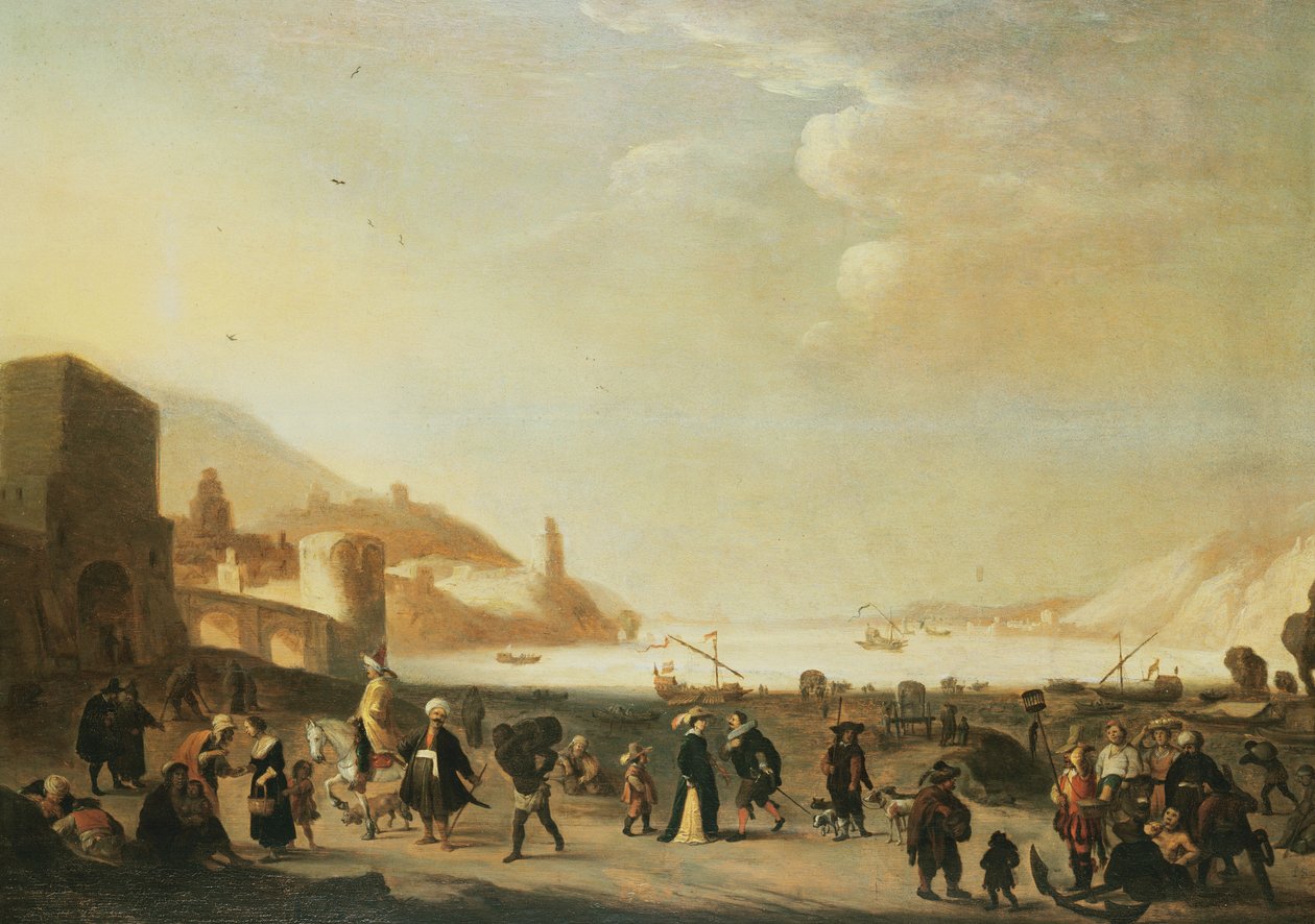 Přístav s pouličními prodavači a rolníky v popředí (panel) od Dutch School