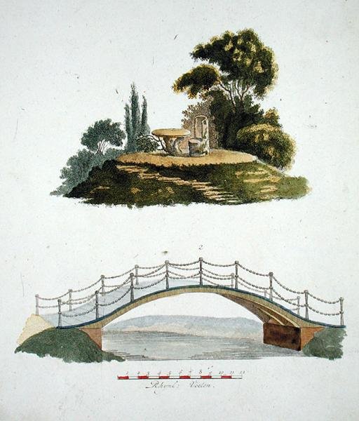 Rustikální židle a stůl a ozdobný most z „Magazine of Garden Gems“ od G. van Laara, vydaného v roce 1802 od Dutch School