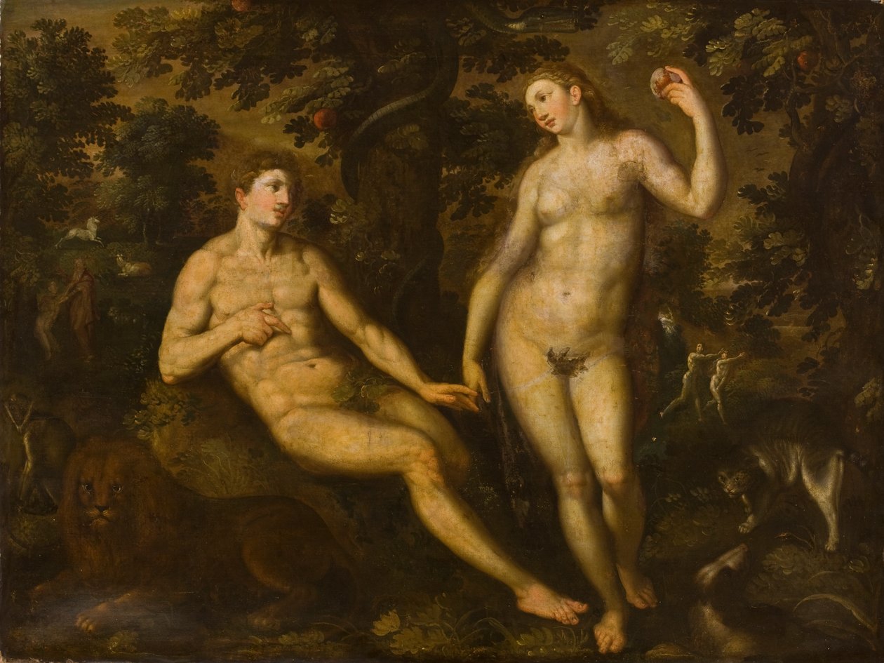 Adam a Eva v zahradě Eden, kolem 1590-1610 od Dutch School