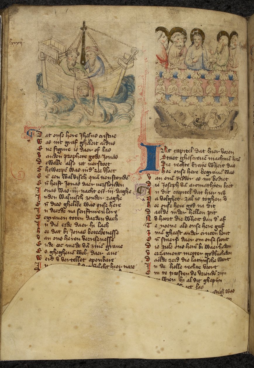 Přidat. 11575, f.65v Jonáš a velryba, ze Spiegel van der Menschen Behoudenisse (překlad Zrcadla lidské spásy) (vellum) od Dutch School