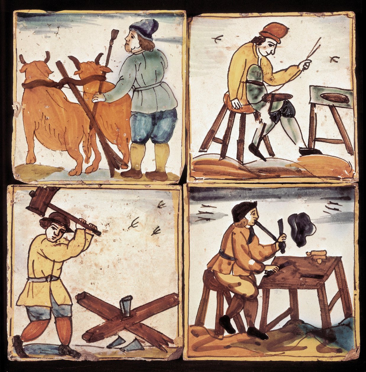 Panel Azulejos: vyobrazení řemesel, rolnické obdělávání půdy, spořič, štípač kmenů a píšťala (keramika) od Dutch School