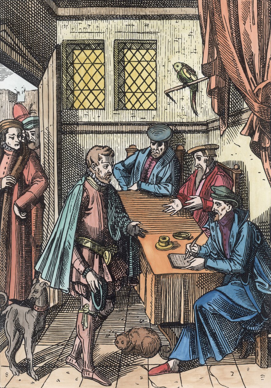 Bailliage, nebo Tribunal of the Kings Bailiff, podle dřevorytiny v Praxis Rerum Civilium od Joose de Damhouder (1507-81) publikované Antverpy, 1557 (pozdější kolorování) od Dutch School